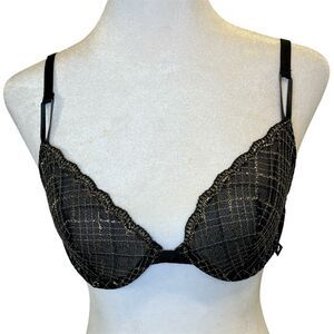 Victoria’s Secret Bra 32 C Angels Unlined Underwire Demi Black Gold Lace Mesh